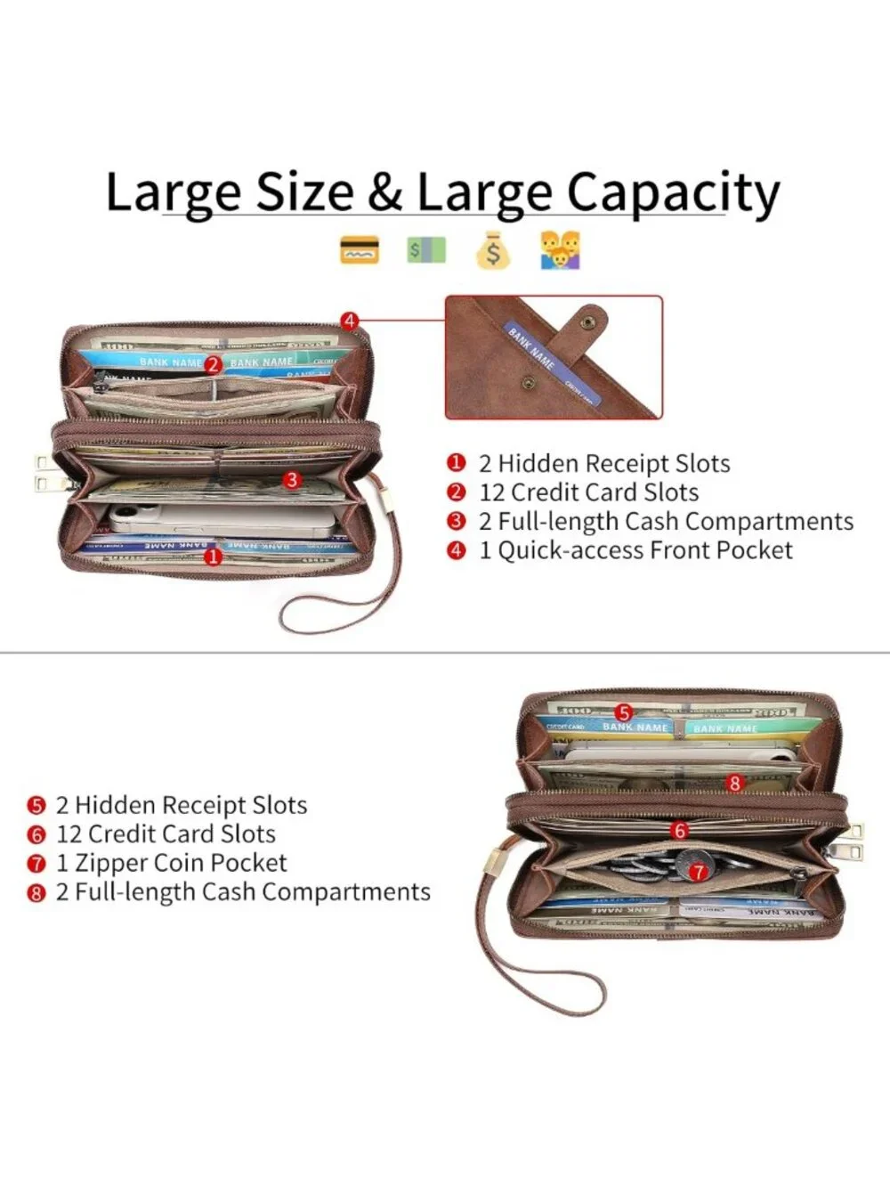 Large Capacity RFID Blocking Leather Wallet - Double Zipper Clutch & Card Holder